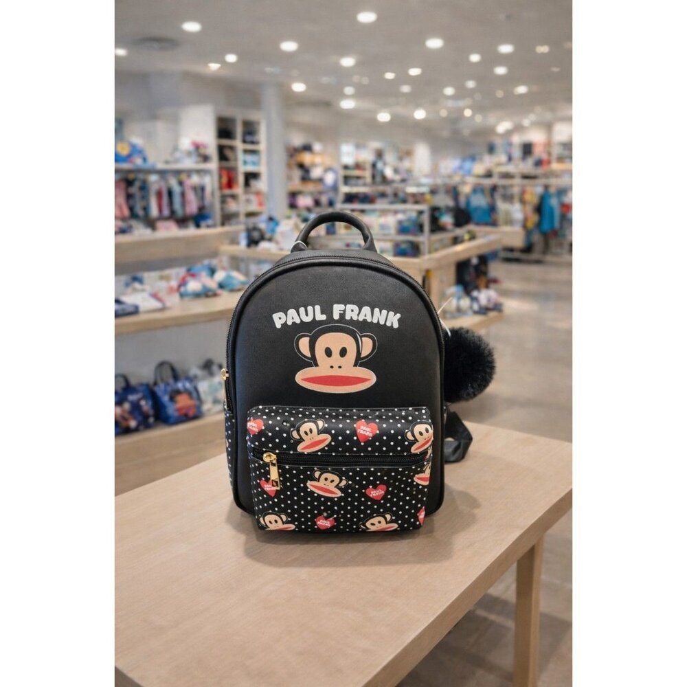 New Paul Frank Julius Monkey Mini Backpack Black Polka Dot Y2K Kidcore Pom Pom